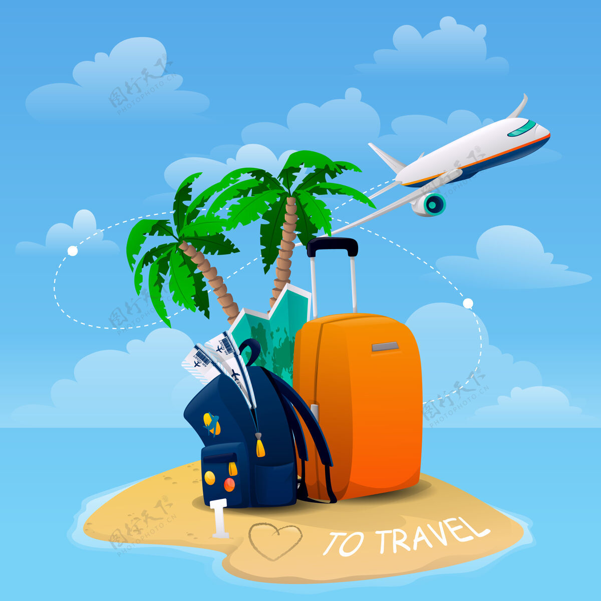 棕榈明亮的横幅与行李 飞机 岛屿 地图和机票旅行包岛屿