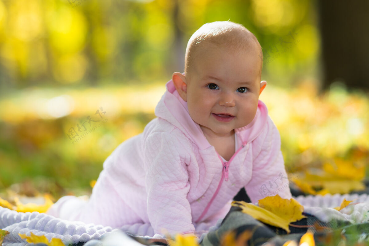 郁郁葱葱一个快乐的婴儿在一个野餐地毯上学习爬在秋天的落叶中 在一个明亮的秋天公园的场景微小可爱可爱