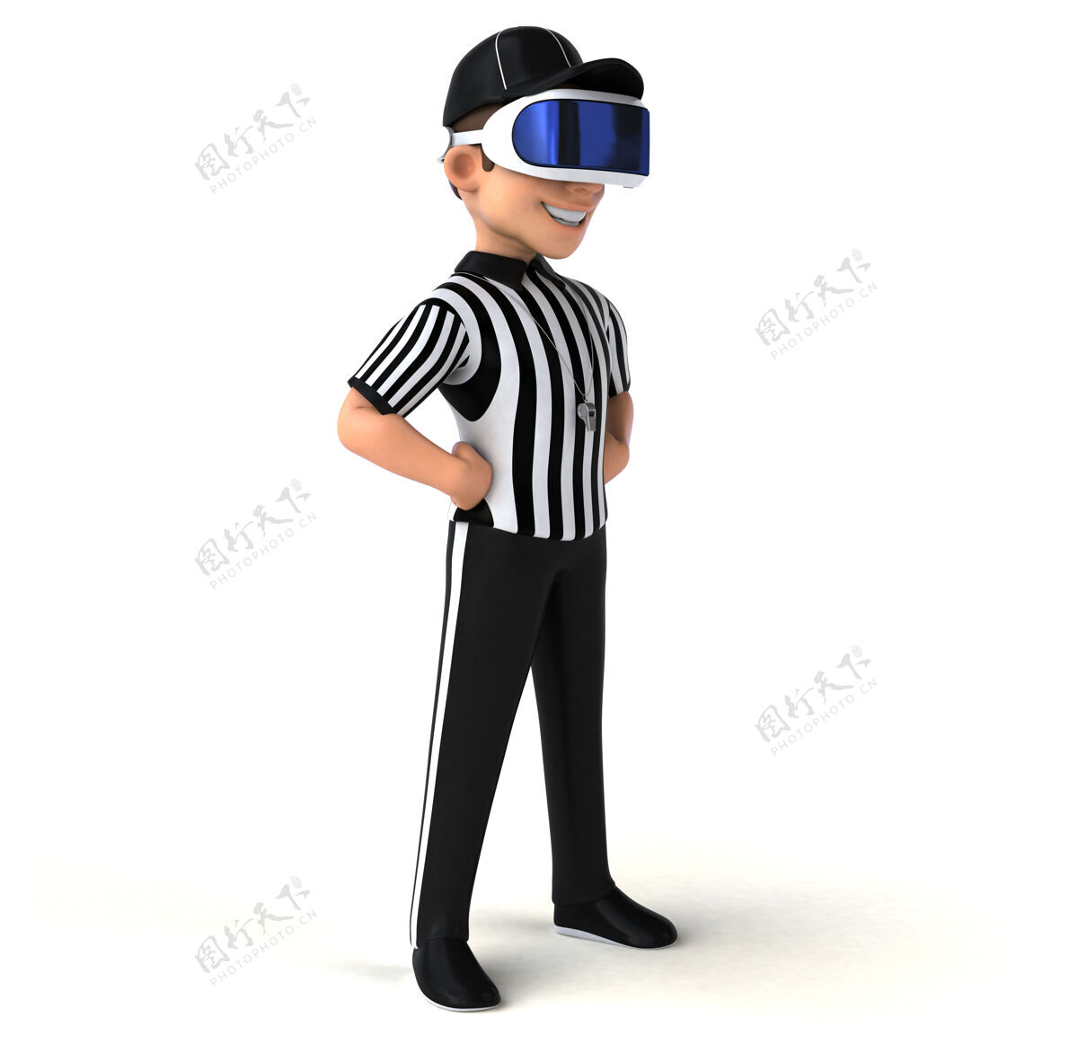 法官有趣的三维插图裁判与虚拟现实头盔耳机设备球员