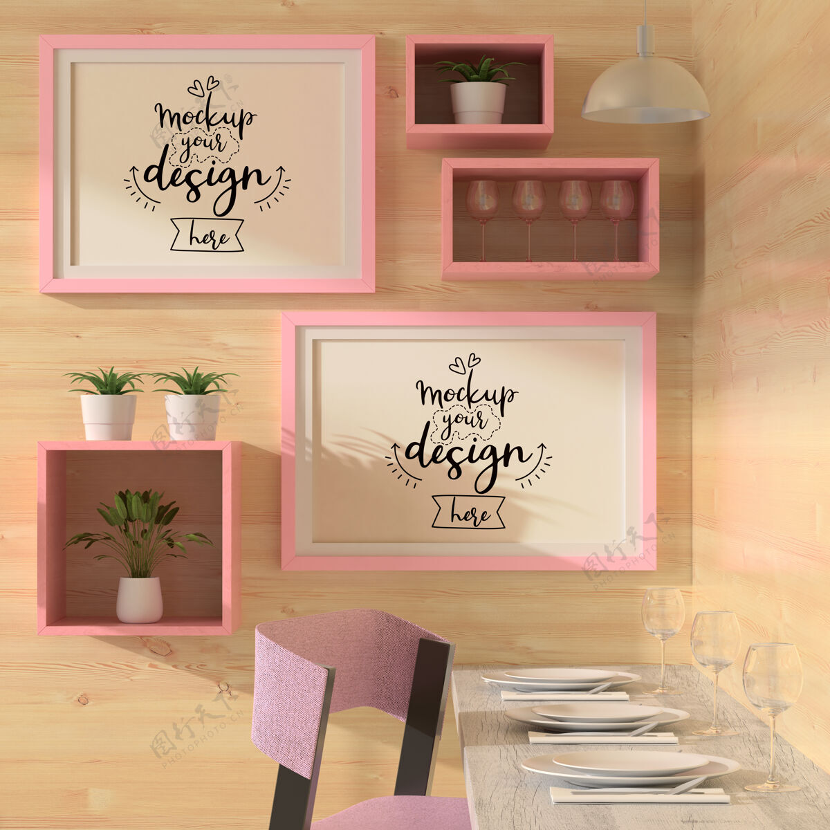 架子餐厅模型中的海报框架房间现代室内家具