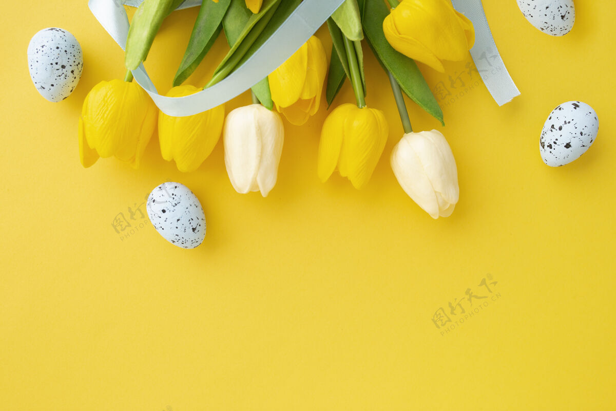 复活节背景用郁金香和逾越节彩蛋做成的复活节彩画 背景为黄色 有复制空间雏菊复制空间花