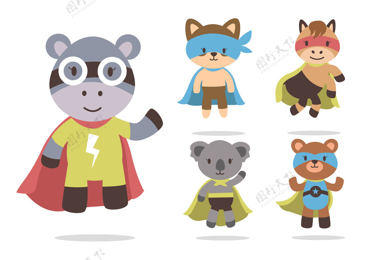 泰迪熊可爱的动物卡通与超级英雄吉祥物字符集合超级英雄素描卡通