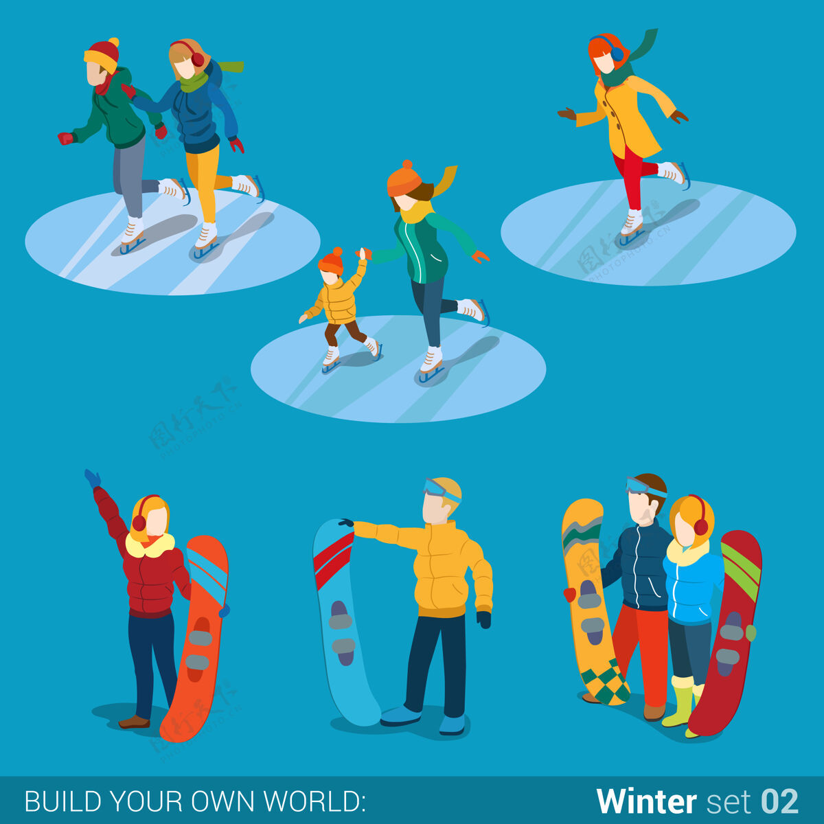 冬天冬季运动青少年快乐家庭活动图标集平面等距等距概念网页插画妈妈儿子男孩女孩滑雪板滑雪板溜冰者创意人物系列儿子设置冰