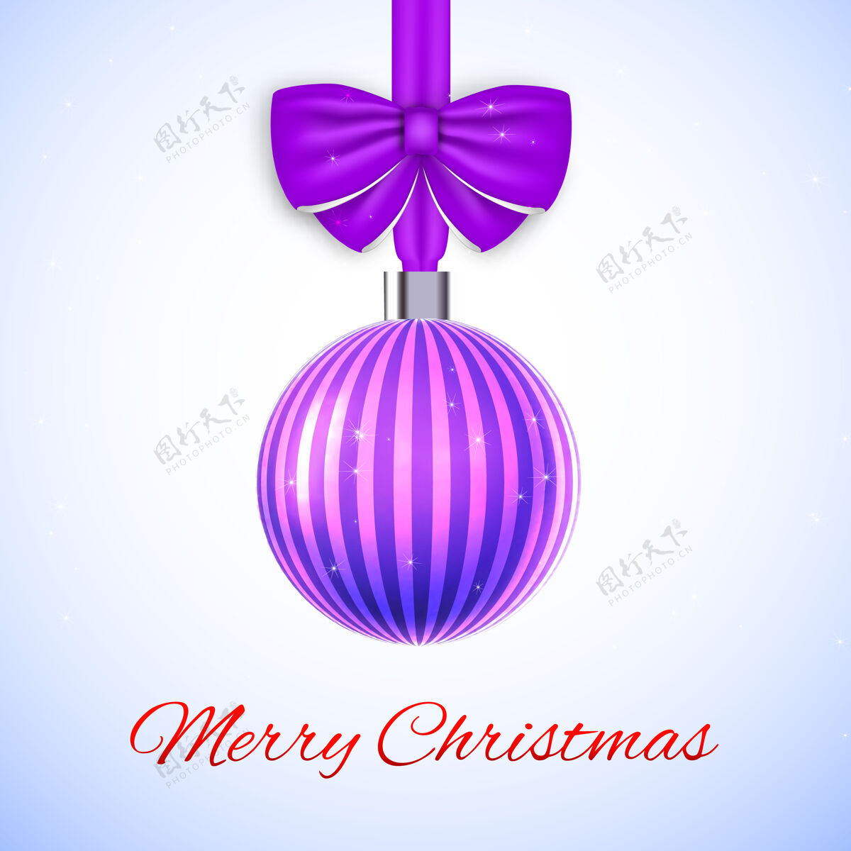 欢乐带紫色条纹球和蝴蝶结的圣诞贺卡装饰品下雪祝愿