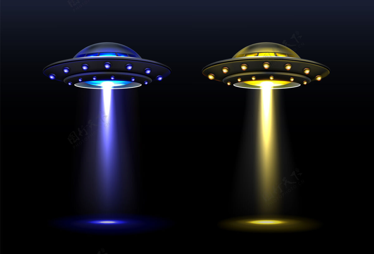 光明三维飞碟 矢量外星飞船与光束的蓝色和黄色碟明亮的照明和垂直光线诱拐 不明飞行物体 现实的矢量插图飞船照明宇宙飞船