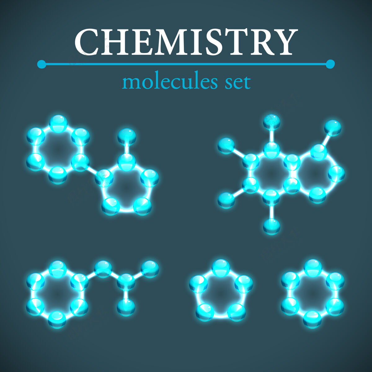 设计化学概念蓝色闪亮分子装饰图标集隔离收集分子生物