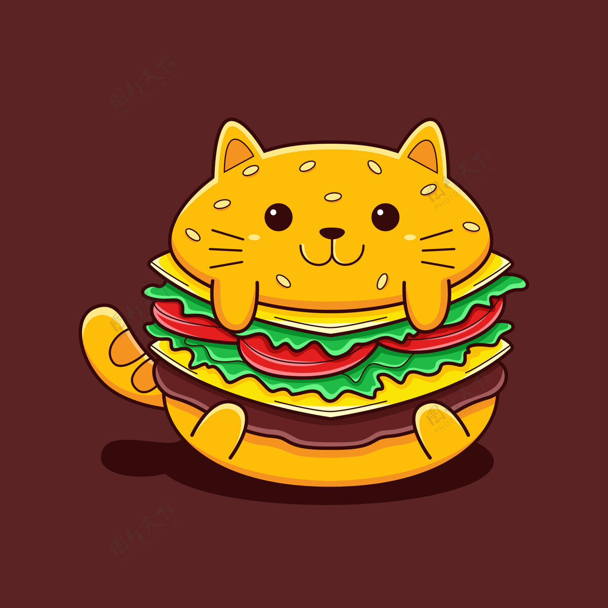 汉堡可爱的汉堡猫插图与平面卡通风格午餐快餐一餐