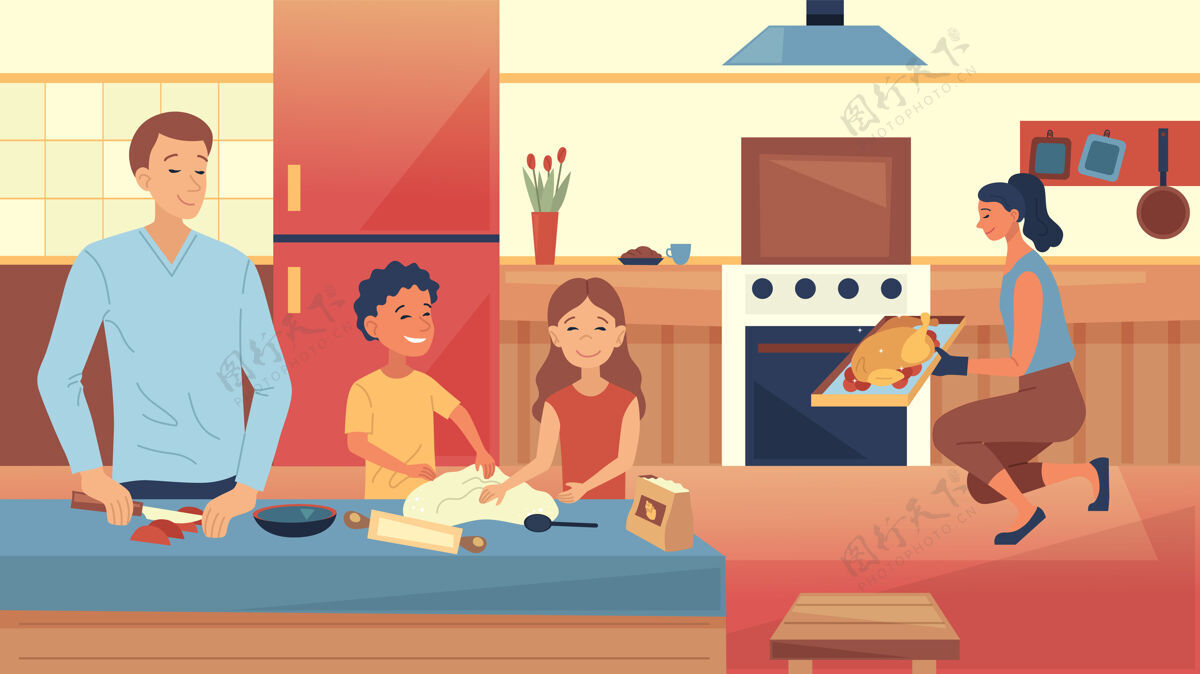 食物家庭烹饪理念快乐家庭是在厨房一起做饭微笑夫妇男性