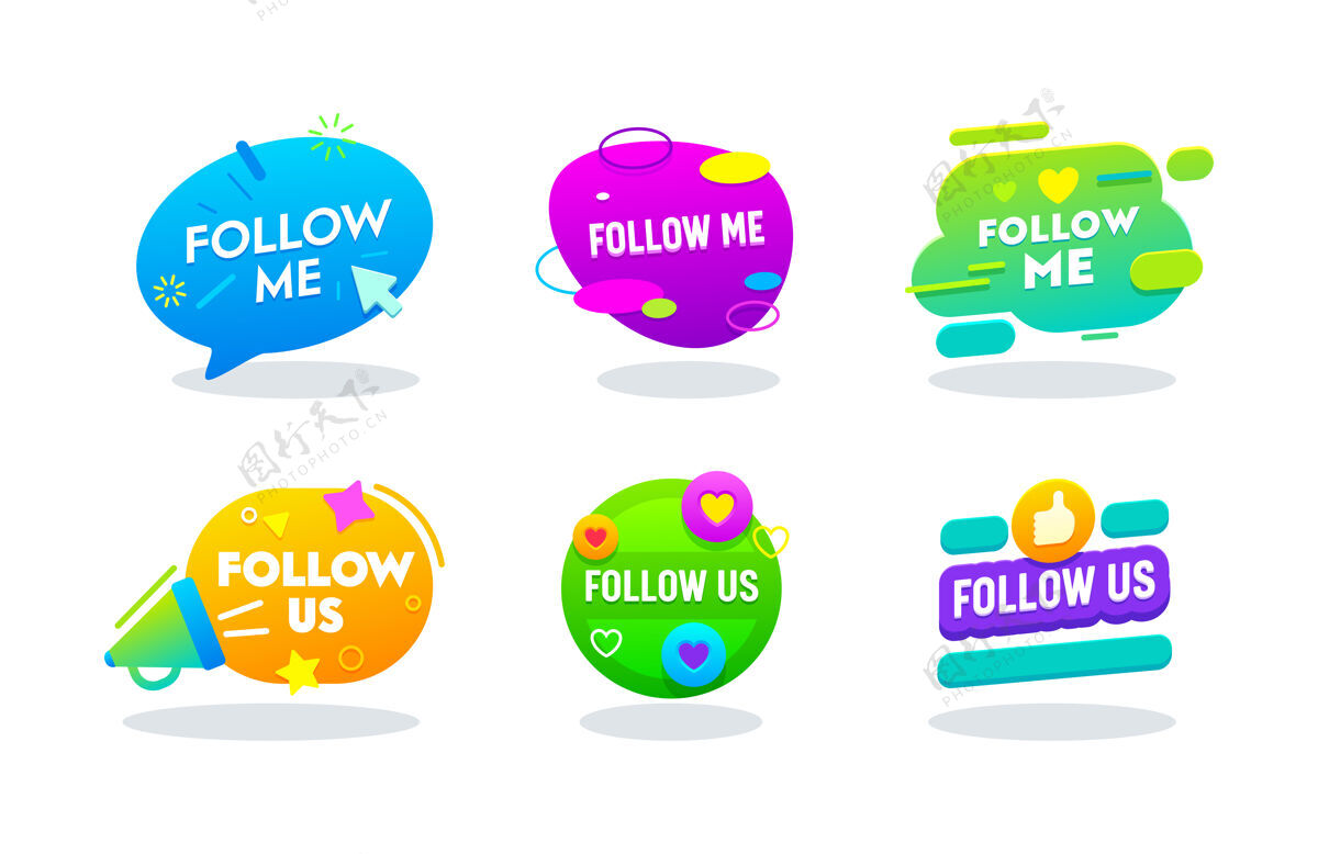 收藏FollowmeandFollowus横幅设置 社交媒体网络徽标采用彩色孟菲斯风格和排版符号柜台网络