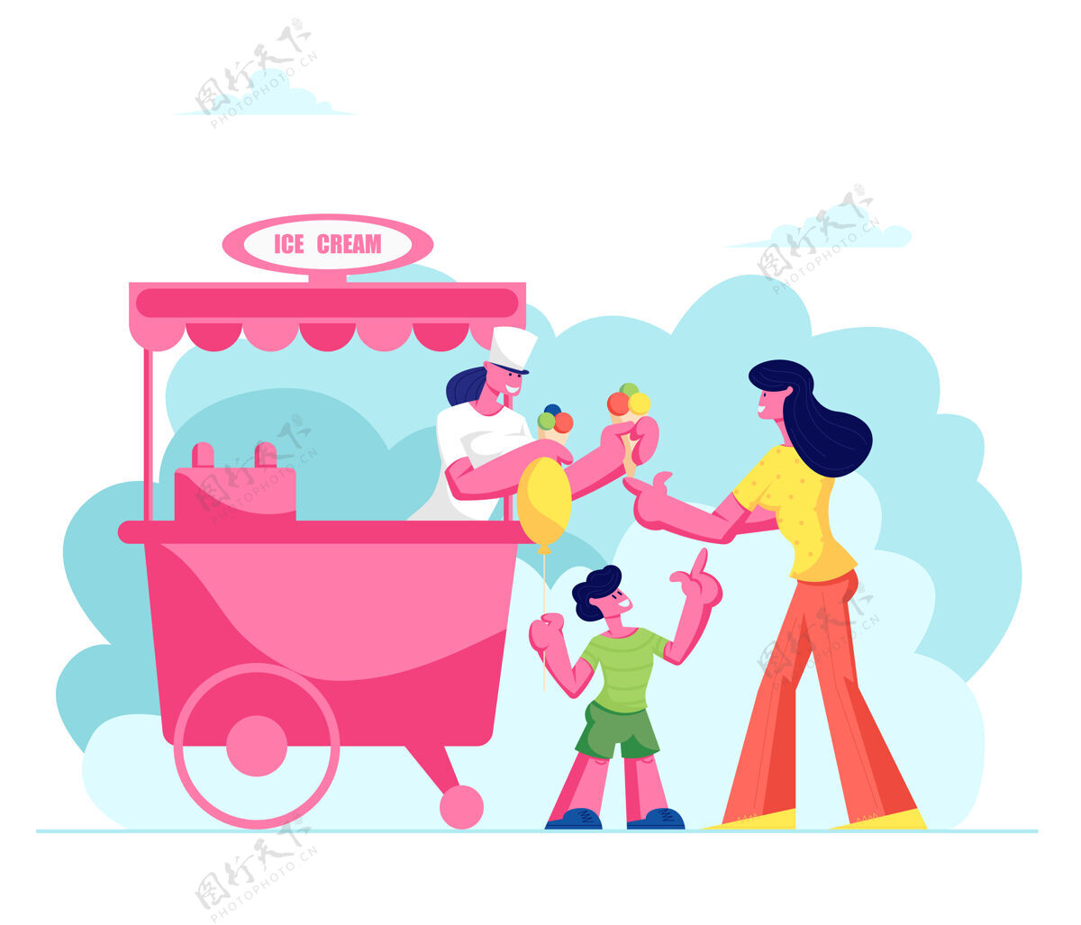治疗妈妈在街上的摊位上给手里拿着气球的小儿子买雪糕筒和色球甜点坚持颜色零食