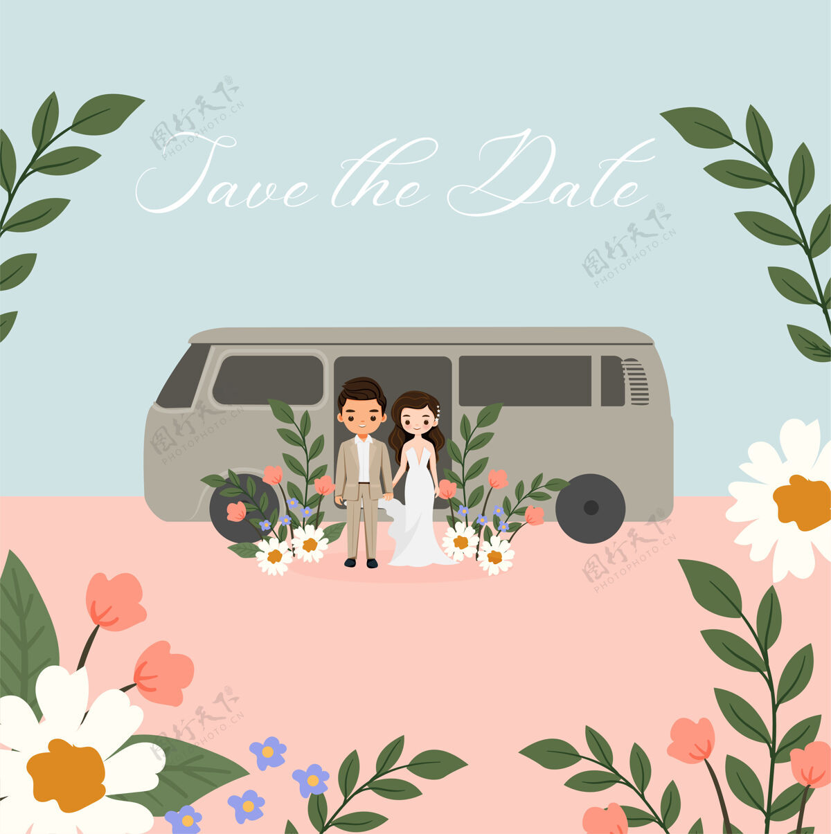 花束可爱的新郎新娘用汽车为婚礼设计请柬新娘日子邀请