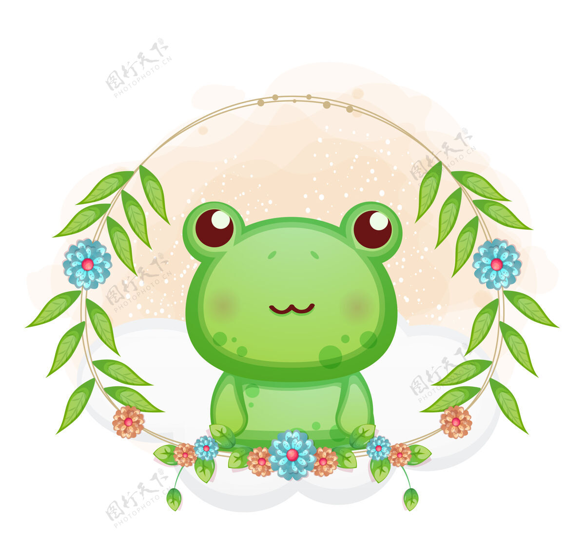 卡通可爱的小青蛙与花卉卡通插画动物树叶可爱