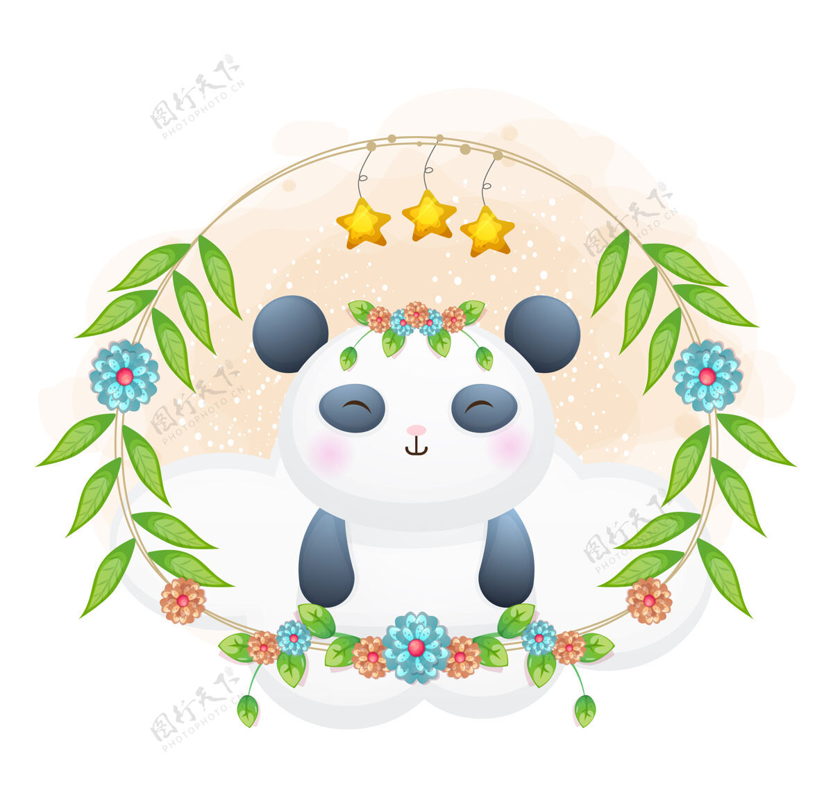 手绘可爱的小熊猫与花卉卡通可爱熊猫水彩