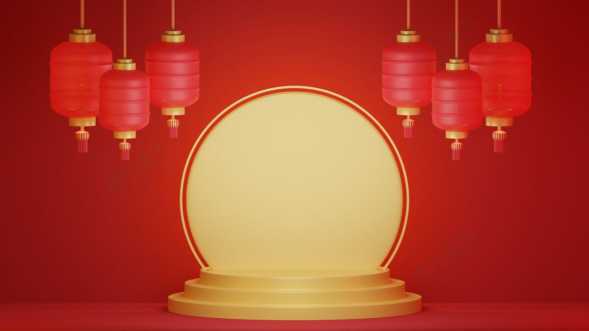 乐趣三维渲染中国新年背景农历新年横幅新年爱情灯笼