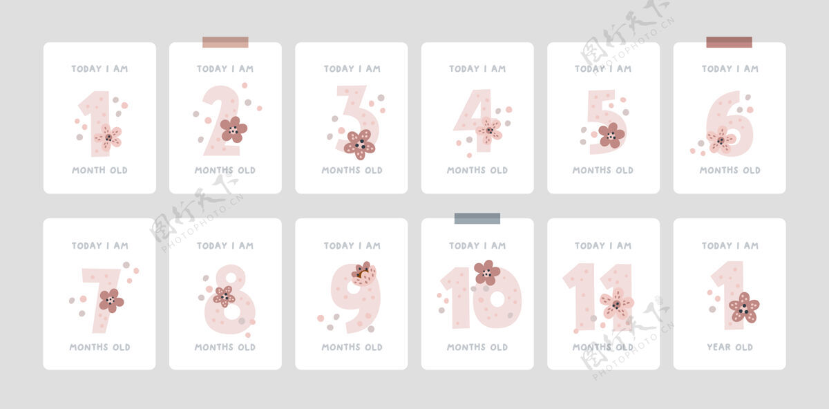 手绘婴儿里程碑卡片与数字在粉彩的颜色宝宝的第一年男婴或女婴送礼生日海报鲜花