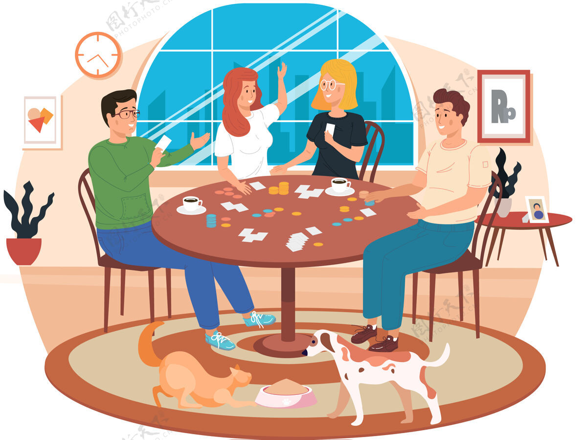 游戏人们在家玩棋盘游戏卡通插画生活家庭伙伴