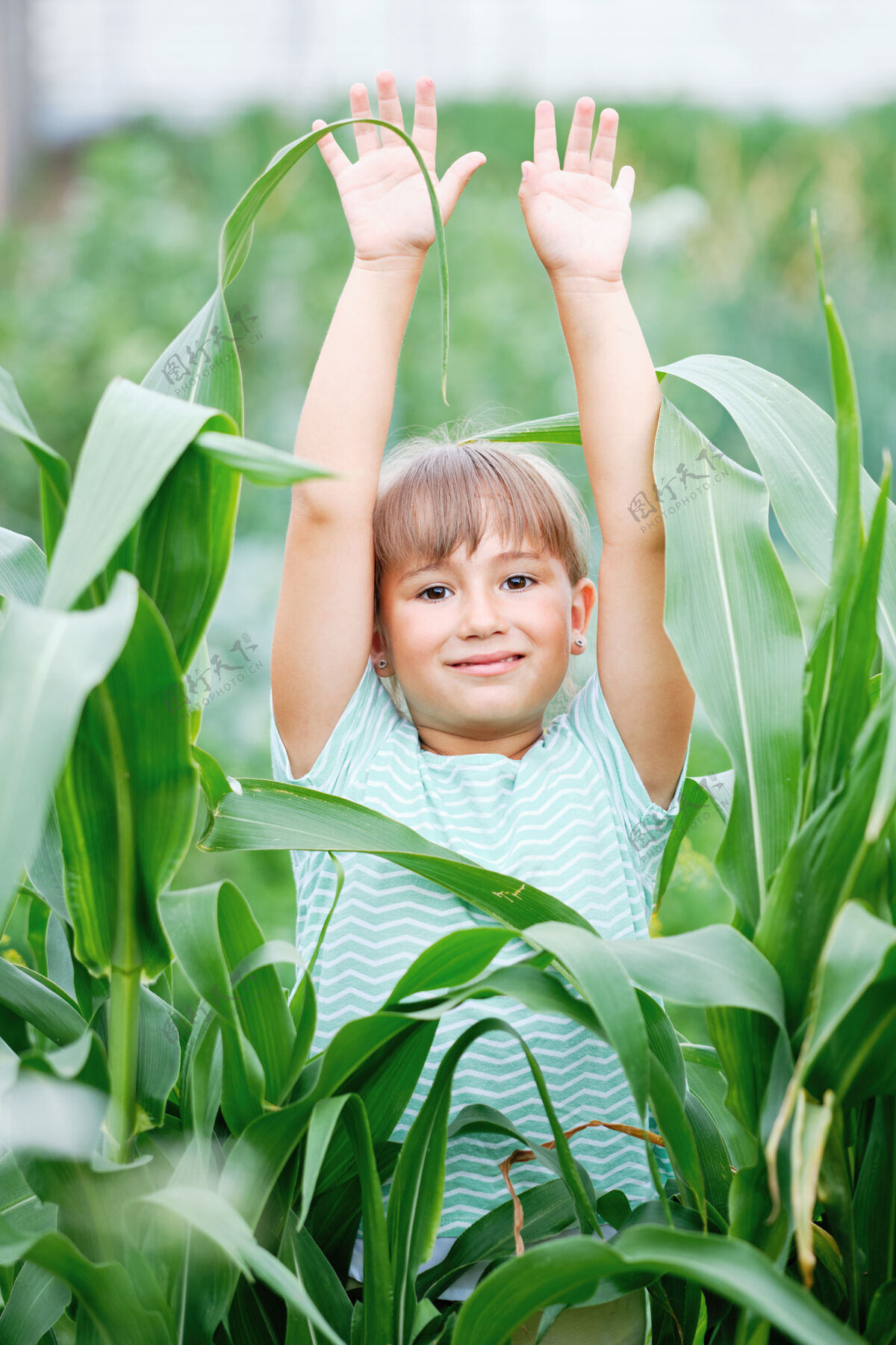 健康笑容可掬的少女与绿植树叶漂亮可爱的小女人站在阳光温暖的农场上白天很吸引人人与高栽培文化有机的自然产物植物深色有机