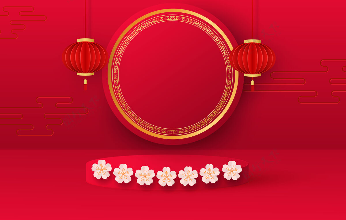 灯笼平台和工作室 演示主席台喜庆的背景挂灯 图案红色圆形展台渲染展示平台