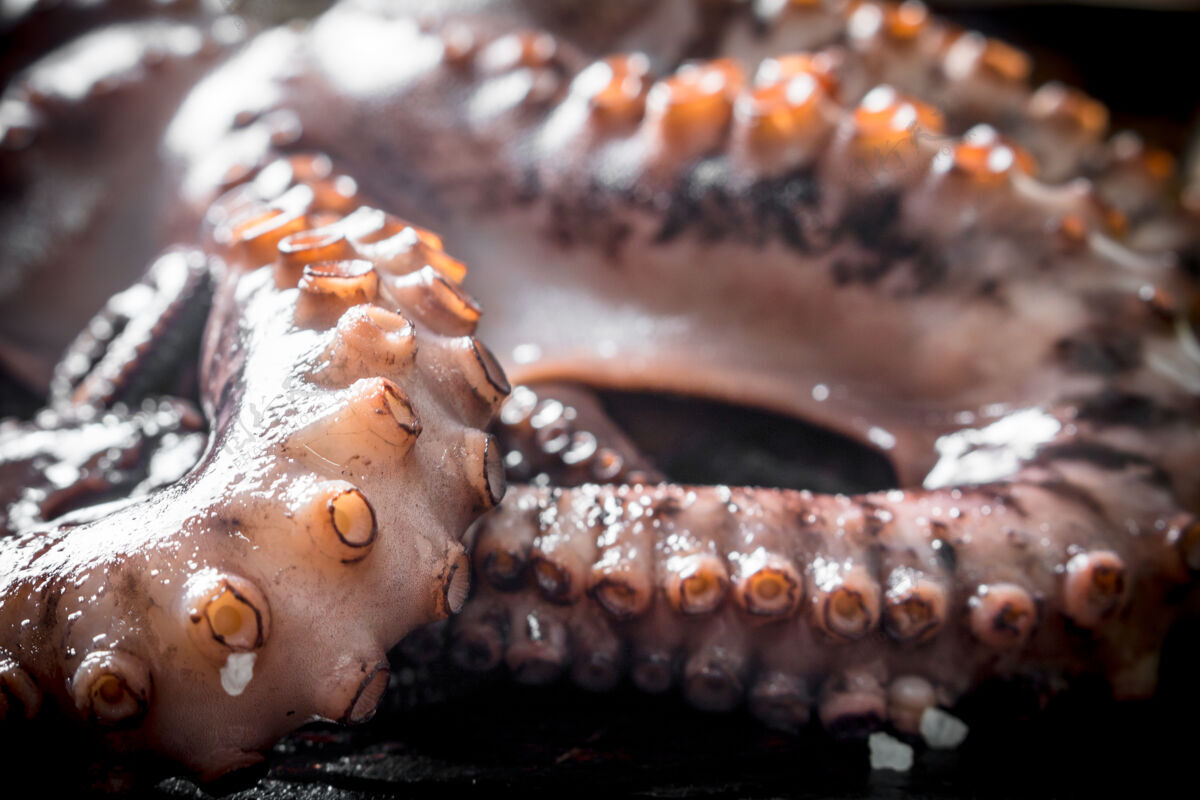 生的木桌上刚煮好的章鱼午餐乡村软体动物