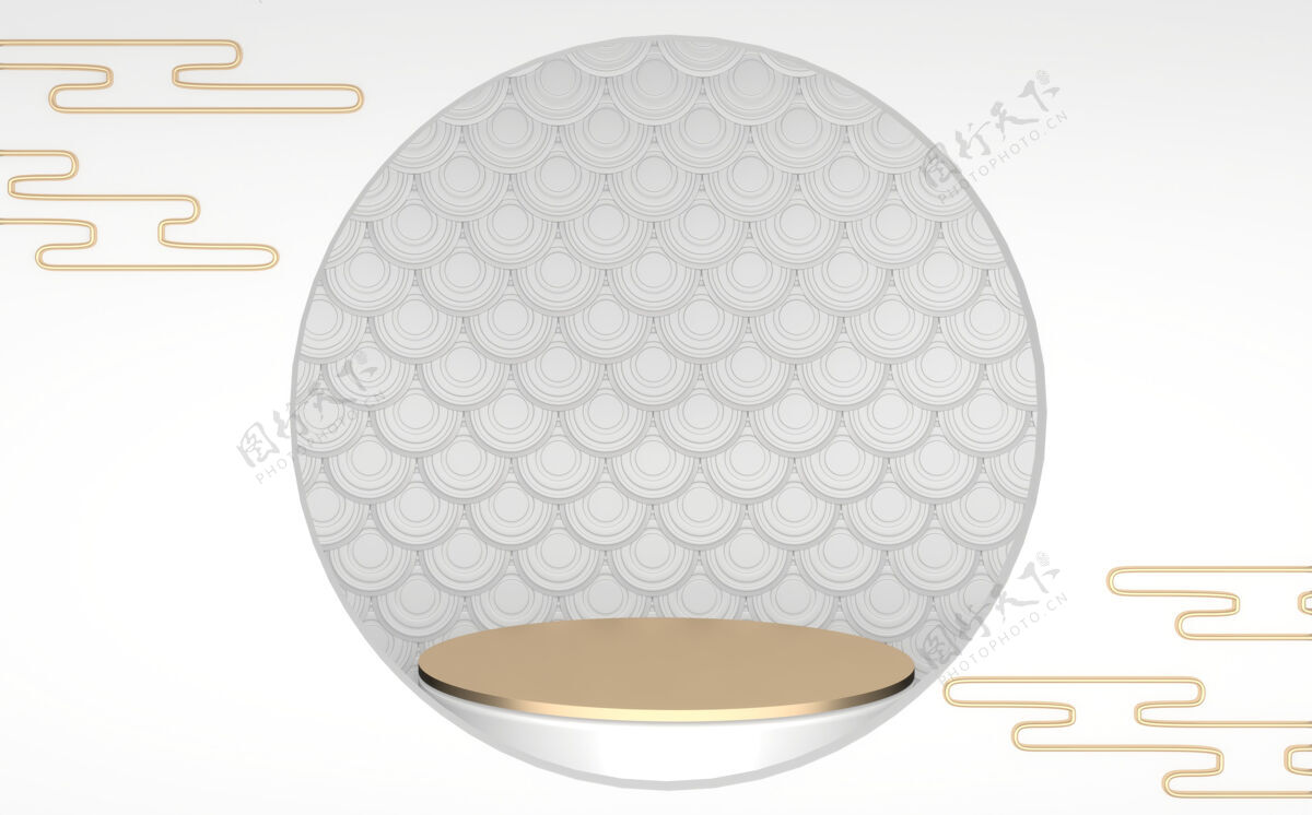 几何金色领奖台最小几何白色和金色抽象风格三维渲染展览日本圆筒