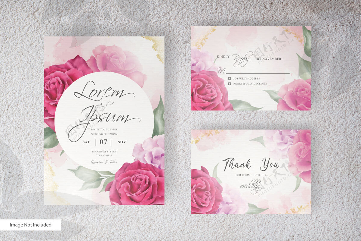 保存日期水彩婚礼文具套装卡片与手绘花卉和树叶设置粉色玫瑰