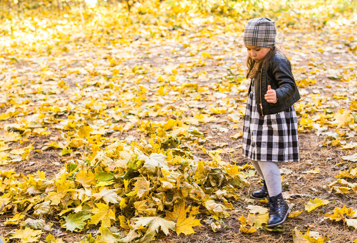 秋天微笑的小女孩在秋天的公园里玩黄叶微笑年轻叶子