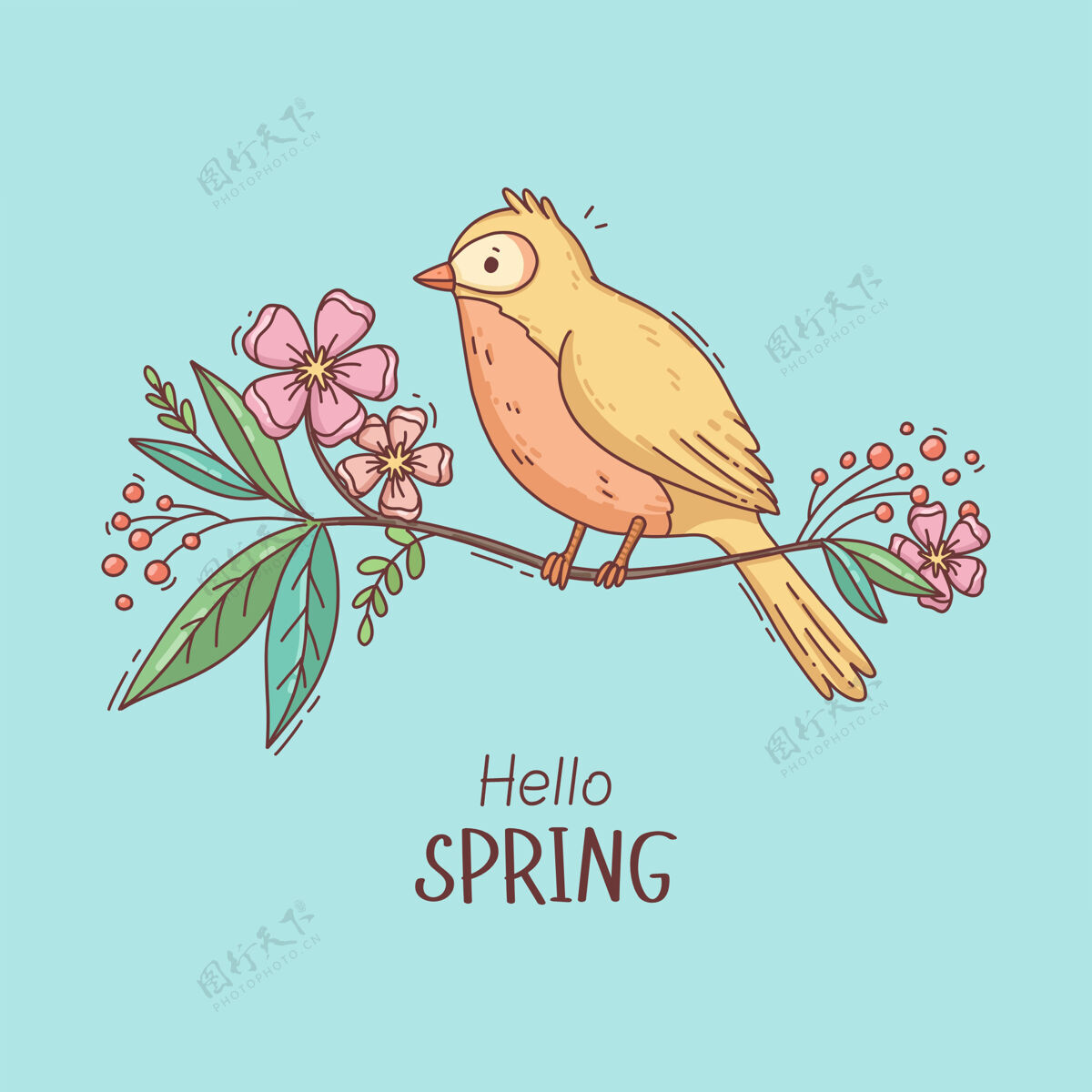 天空手绘可爱的春鸟在树枝上蓝色手花
