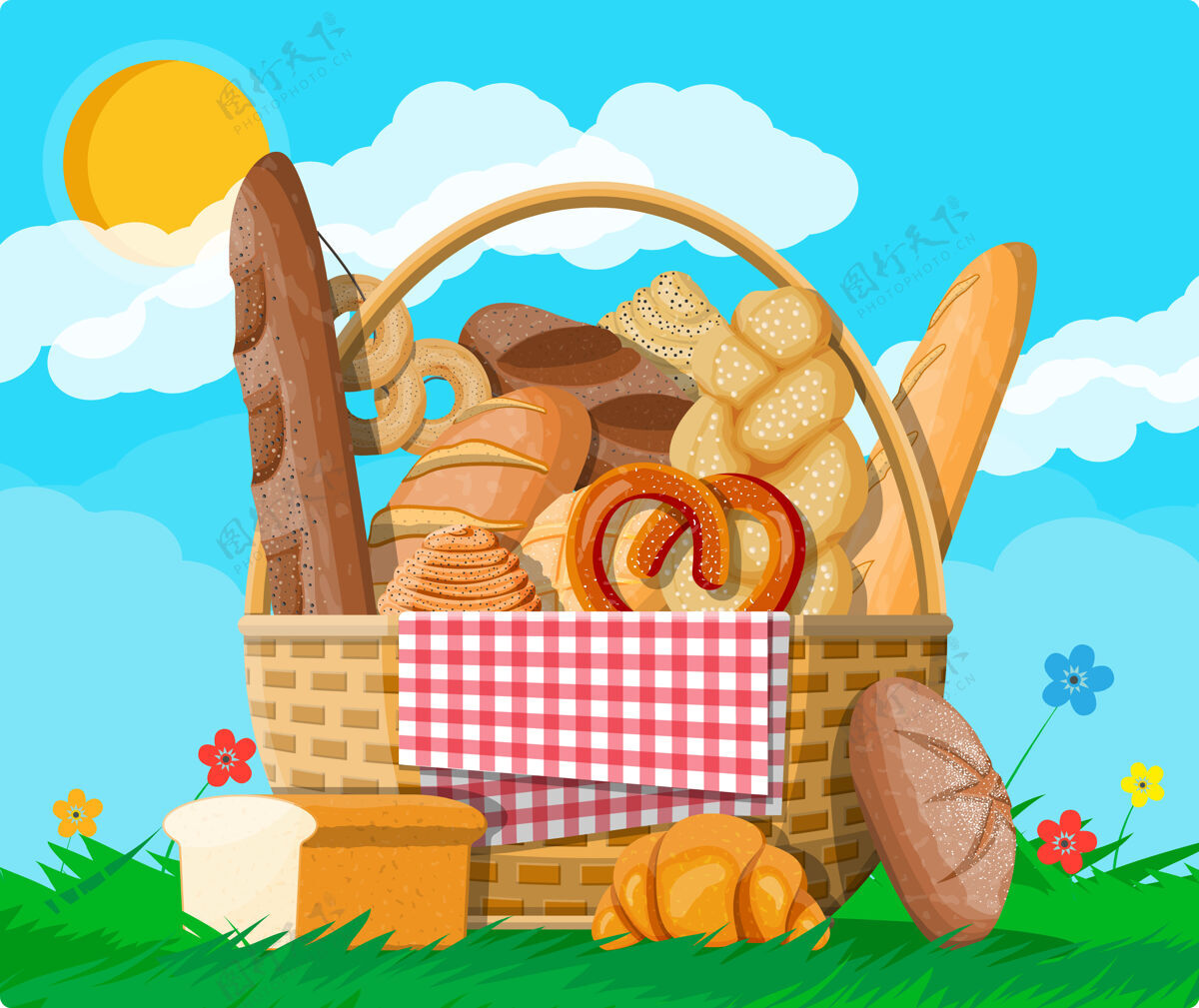 法式面包柳条篮子里的面包面包餐篮子