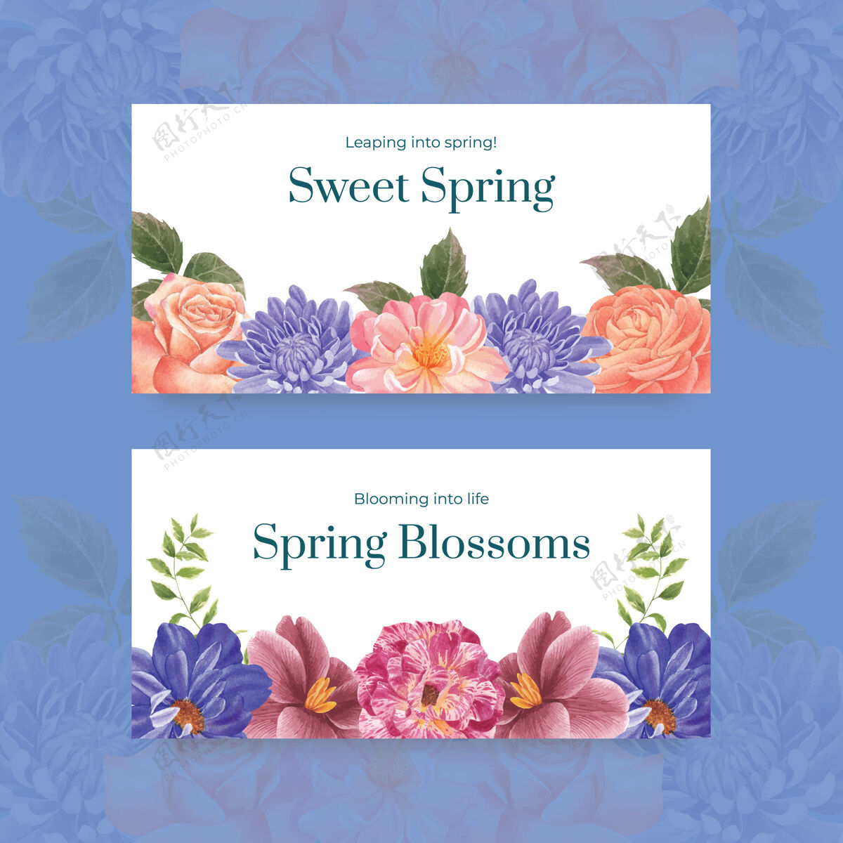 浪漫推特模板与春天明亮的概念水彩插图植物开花春天