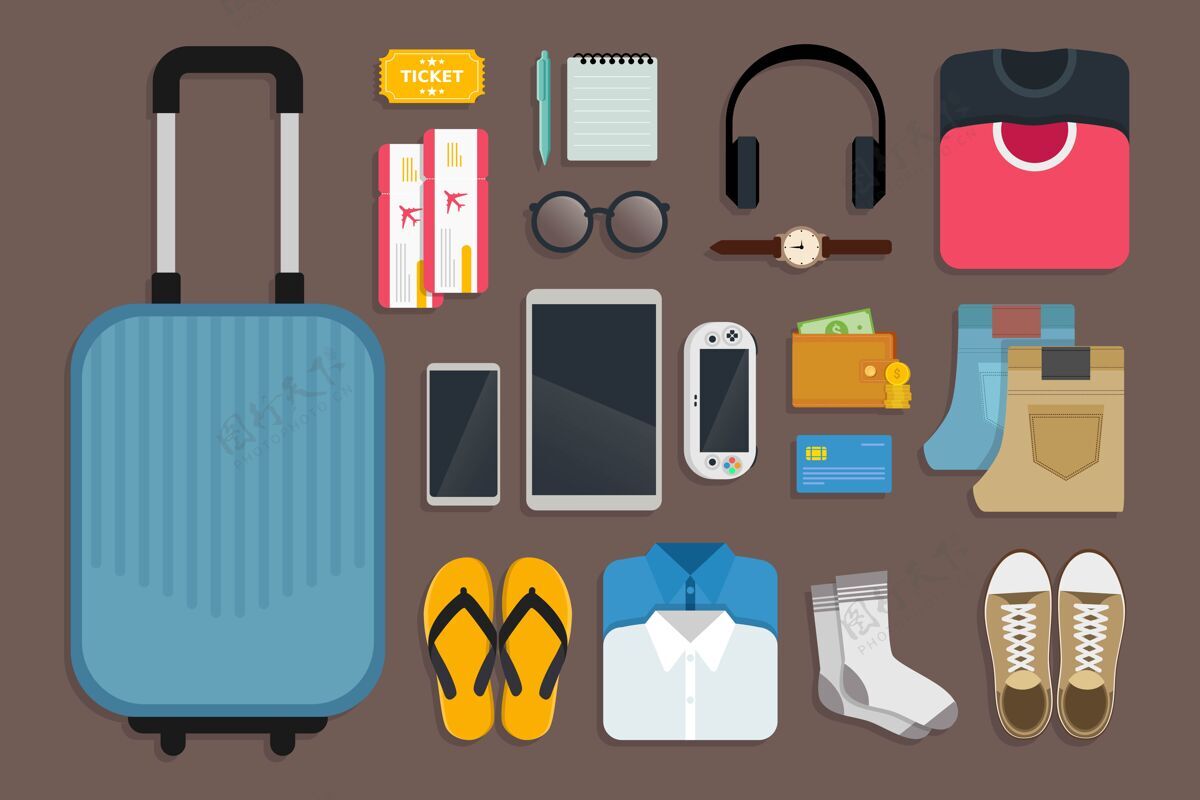 护理旅行包和旅行工具 为快乐和快乐的旅行插图保护健康设置