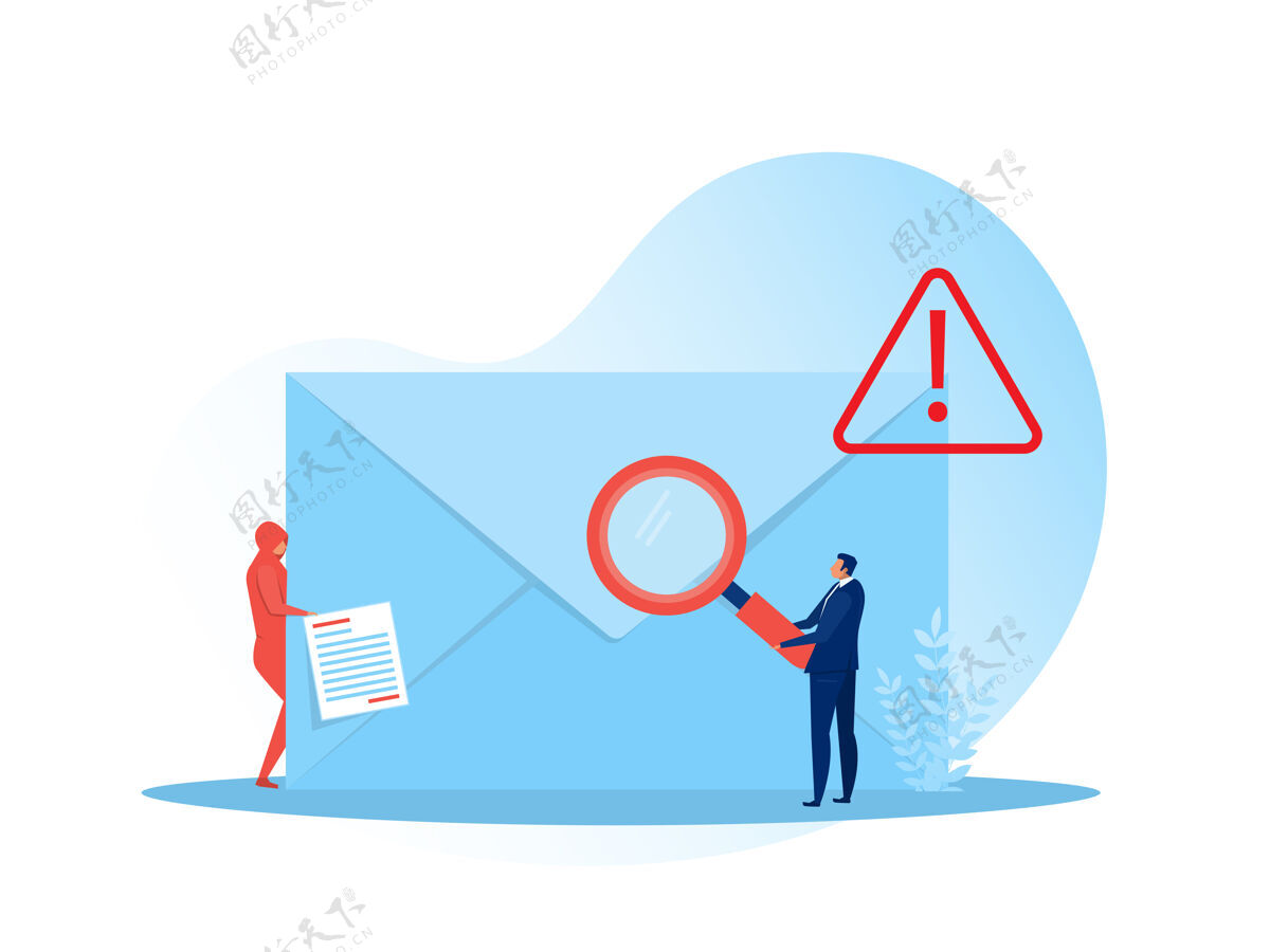 邮件商人从信封中拿出放大镜 发出警告和警告通知.spam电子邮件垃圾邮件文档发送