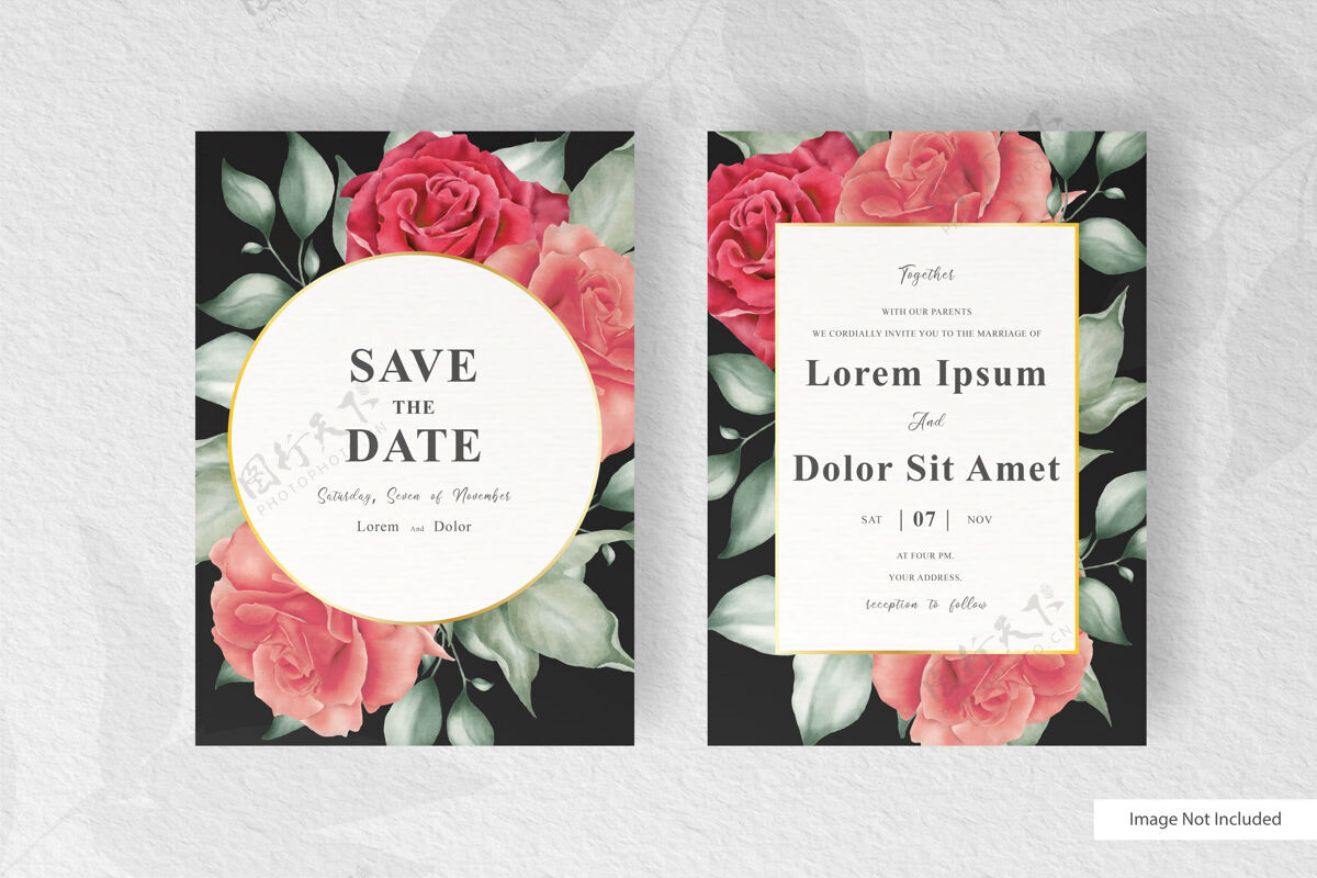 请柬水彩婚礼请柬模板与美丽的花卉和树叶婚礼请柬相框卡片