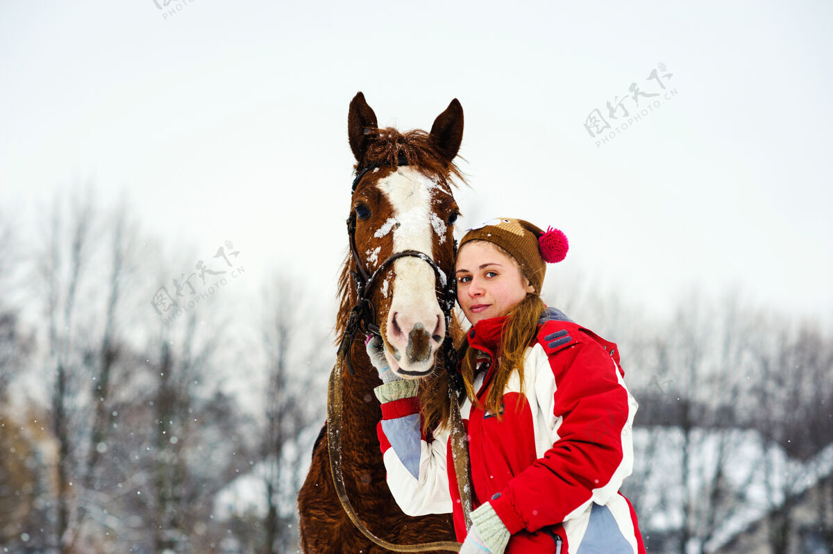 农场冬天骑马的女孩跑步风景自然