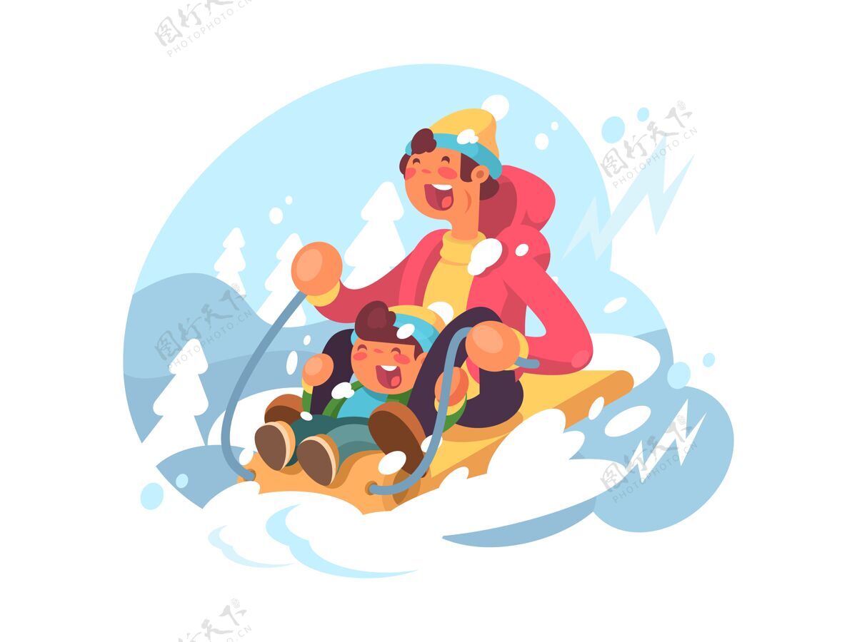 父母爸爸和儿子在冬天滑下山插图孩子儿子背景