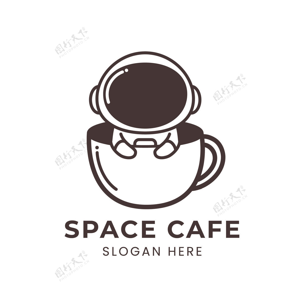 吉祥物太空咖啡馆标志与可爱的宇航员幻想人物咖啡