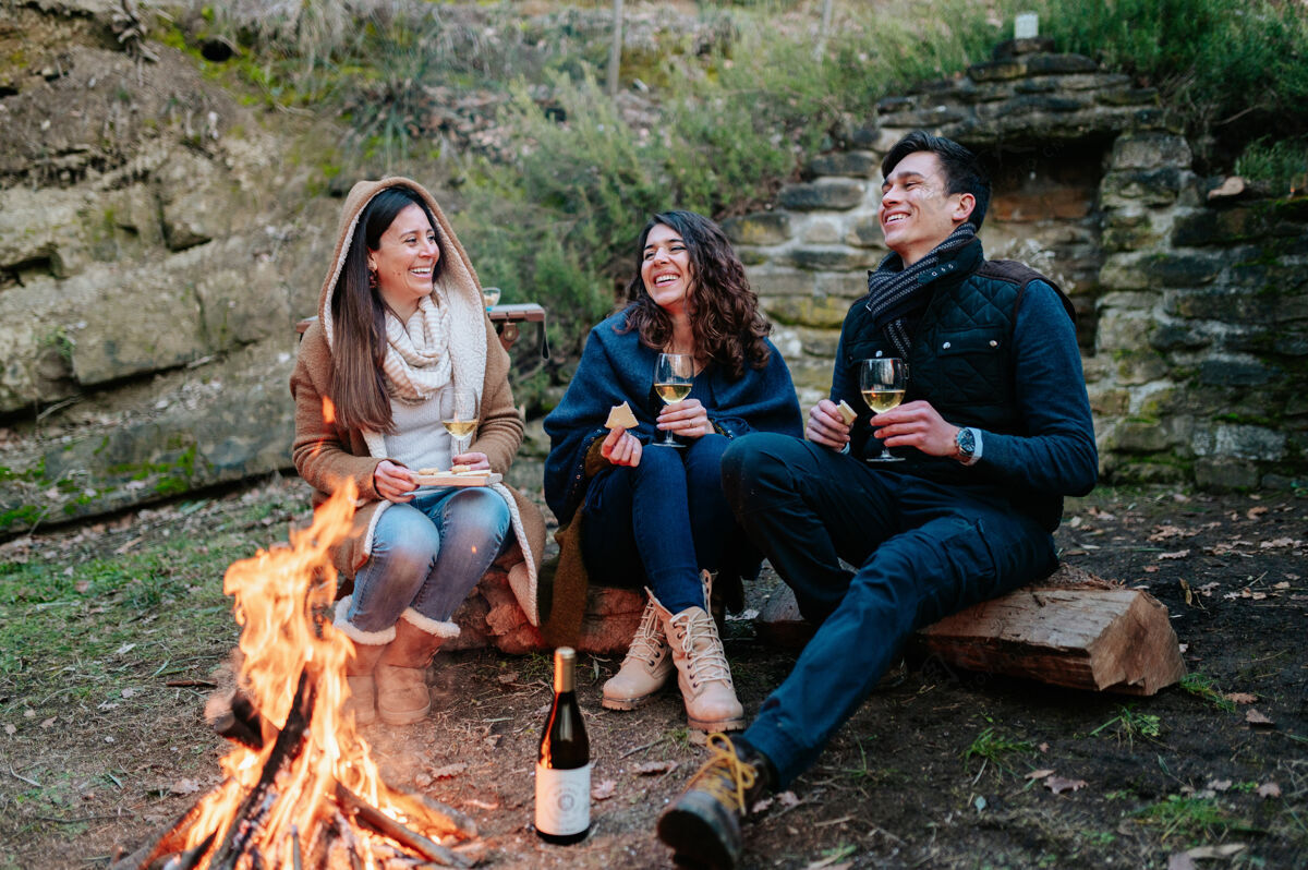 花园一群朋友坐在篝火前一边喝酒一边聊天欢笑团结友谊的概念乡村朋友露营