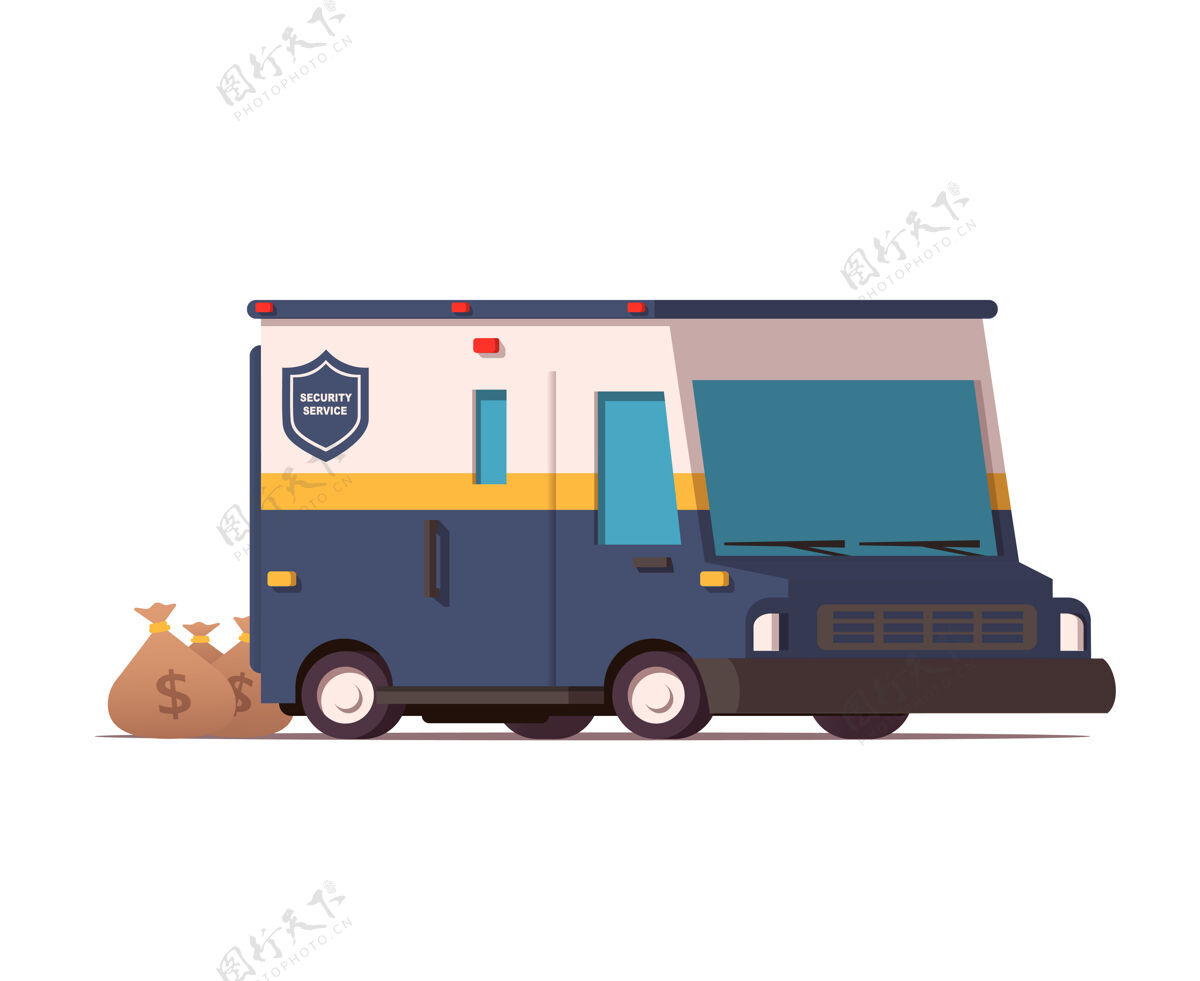 卡通安全装甲车与金钱袋插图运输安全卡车