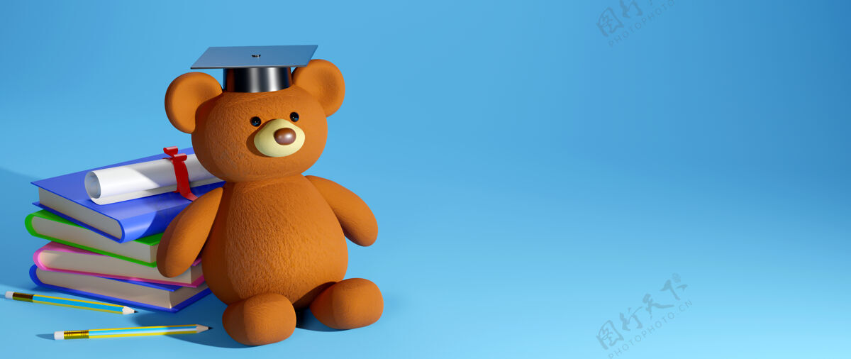 文具教育理念 泰迪熊戴着蓝色的帽子和书本书籍铅笔证书