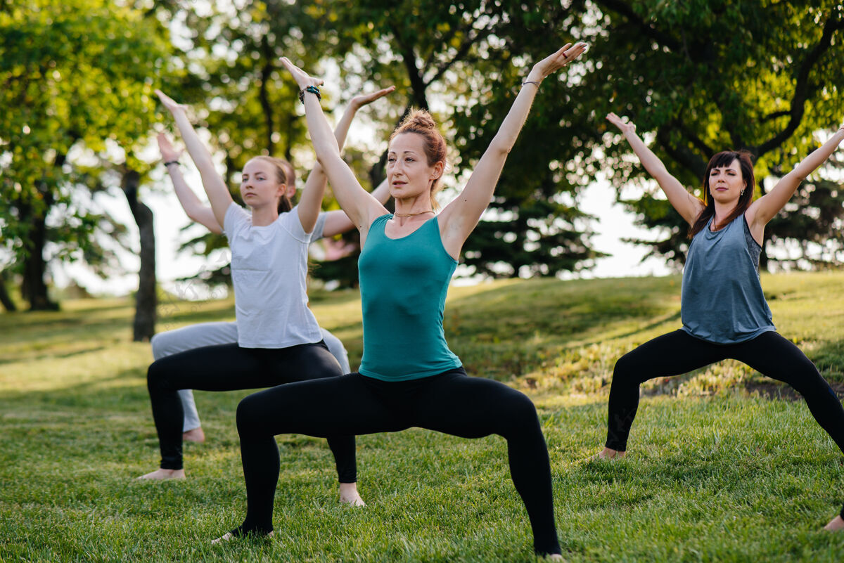 运动日落时分 一群人在公园里做瑜伽女人平衡女性