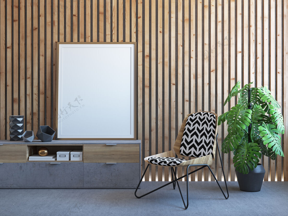 灯室内有木板墙 梳妆台 植物 椅子3d渲染插图明亮起居室接待处