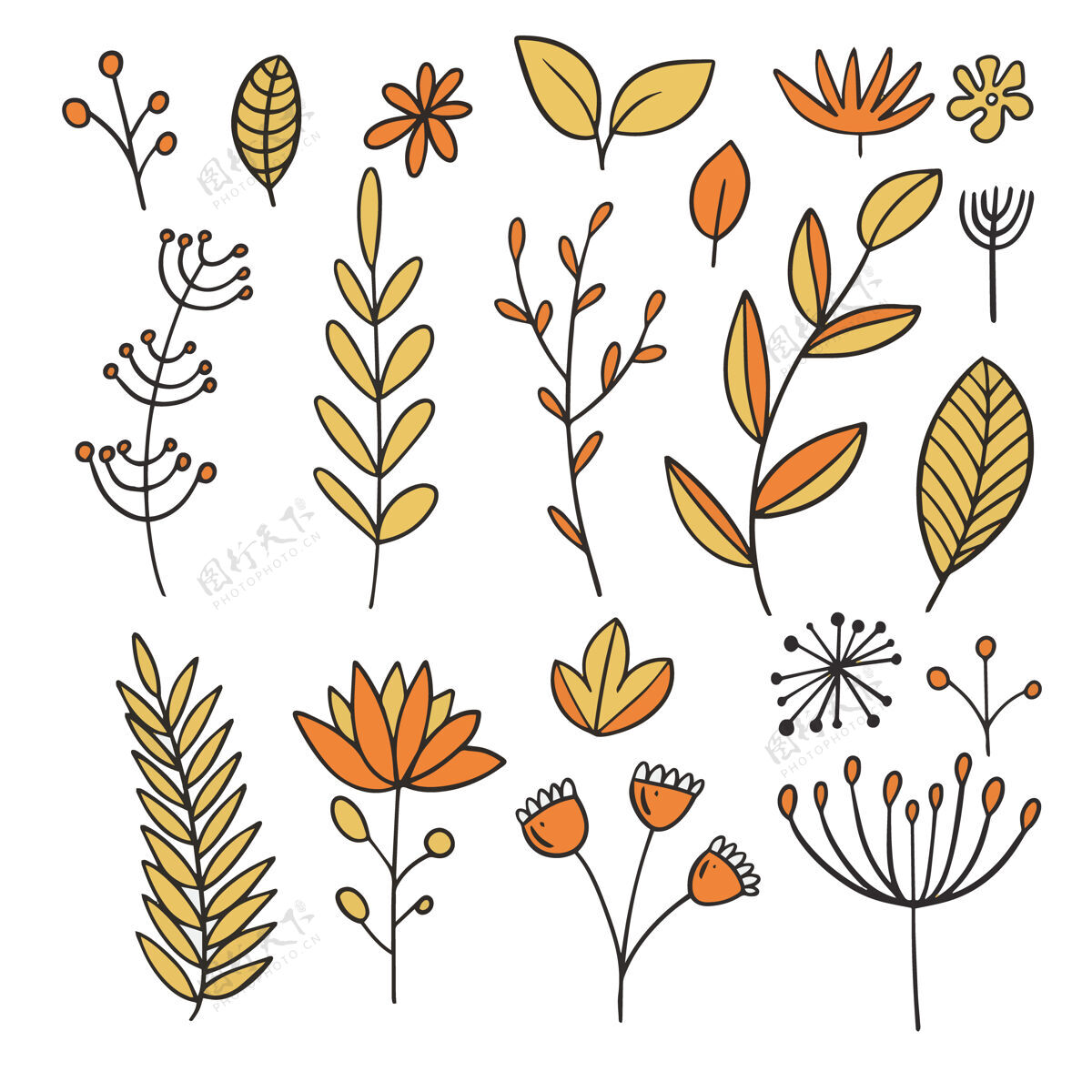 叶秋叶与树叶元素线条艺术多彩风格手绘素描涂鸦线涂鸦森林