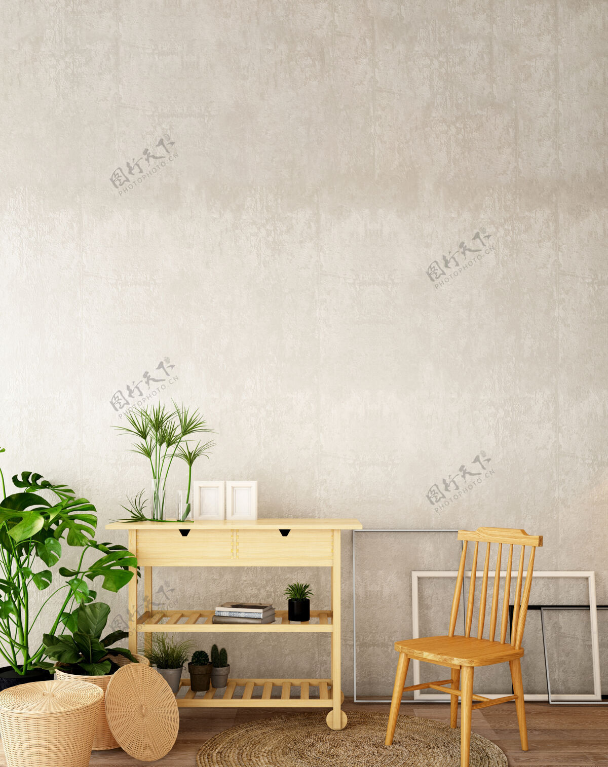 室内斯堪的纳维亚风格的生活区室内设计家具3d植物