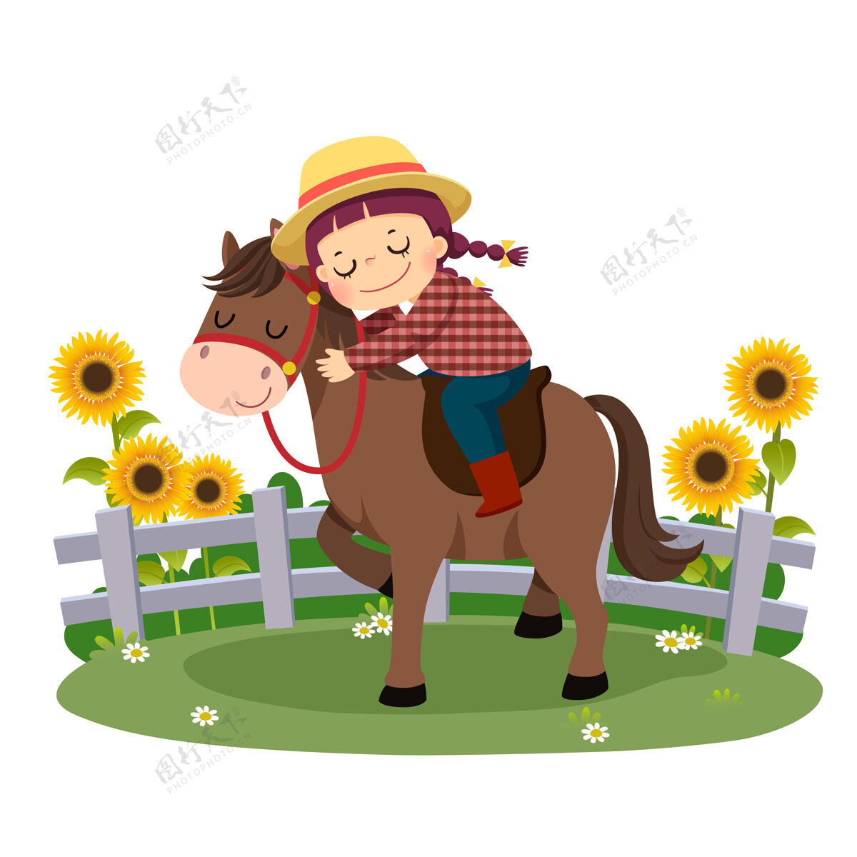 卡通快乐男孩骑着马拥抱她的卡通女孩孩子农场