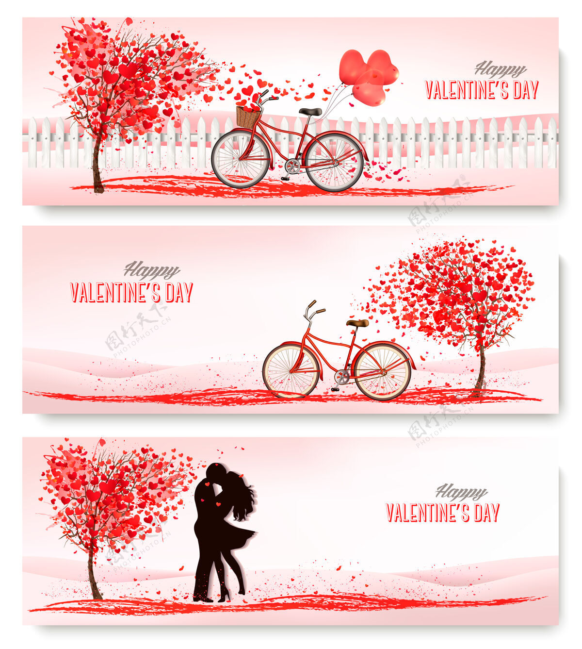 礼物复古假日横幅瓦伦丁有心形叶子的树红色庆祝浪漫