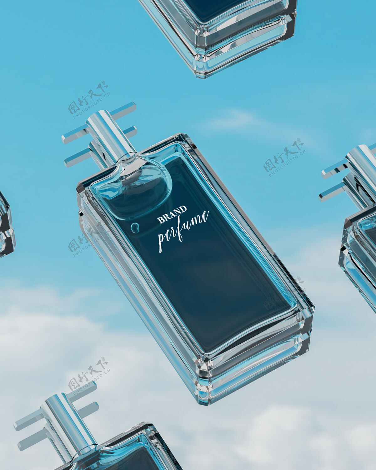 实物模型商标模拟香水瓶与蓝色多云的天空反射名片实物模型三维渲染香水瓶