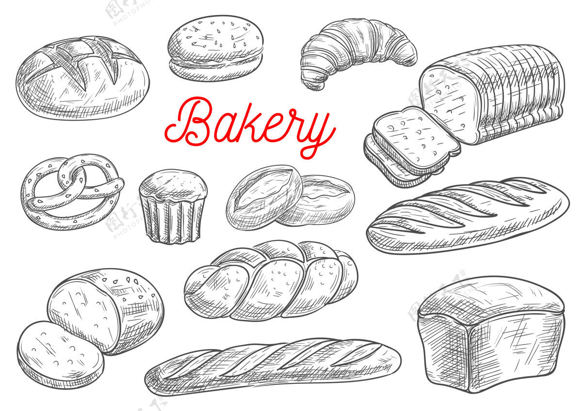 面包房面包种类和烘焙产品隔离在白色美味面包牛角面包