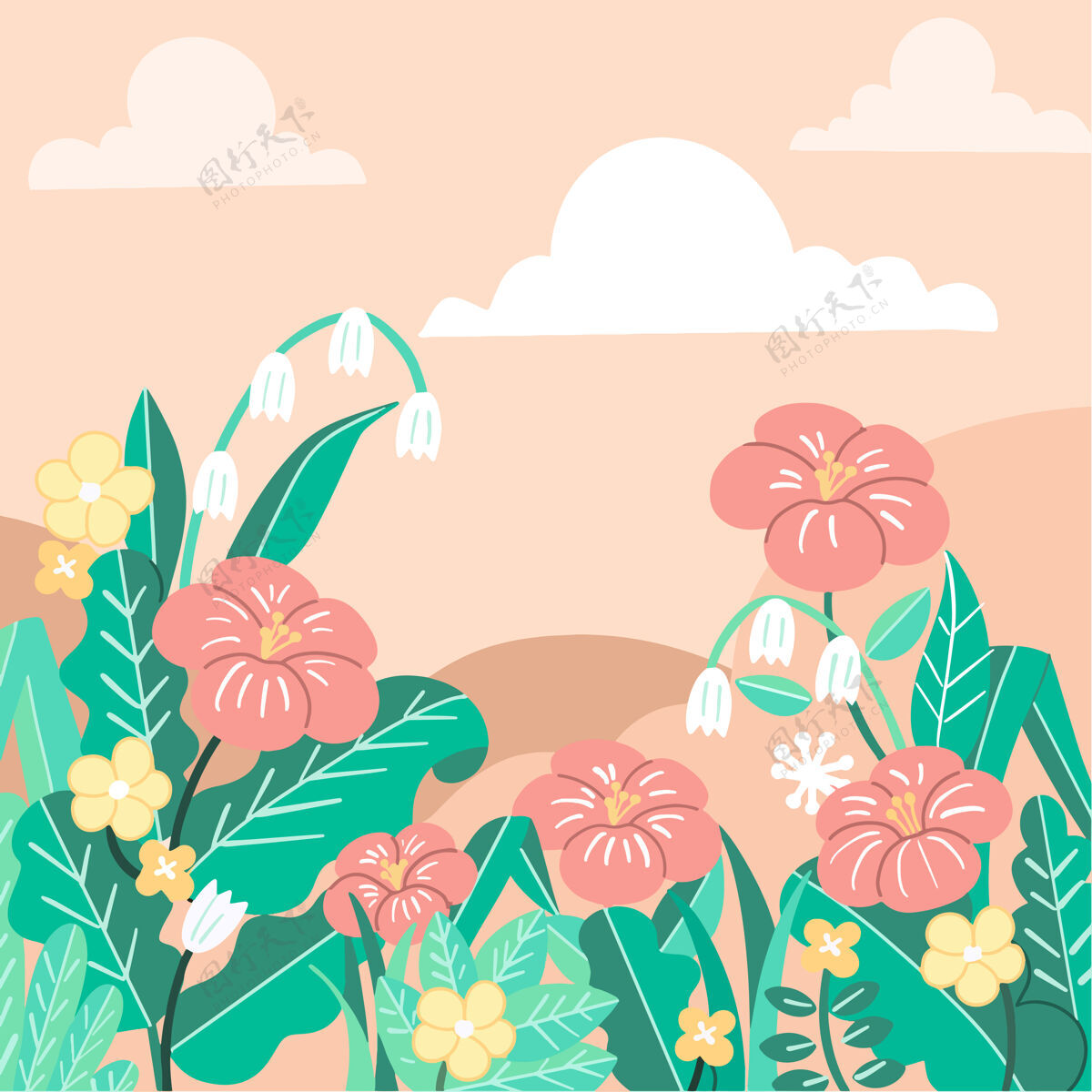 平静柔和宁静的春天花园背景模板涂鸦画插图自然花瓣资产