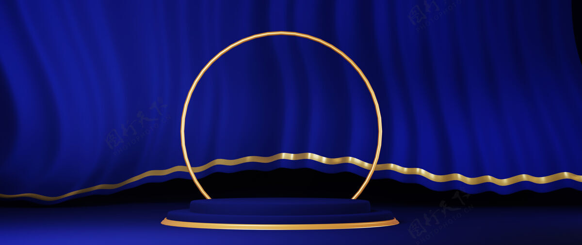 圆形蓝色和金色的3d渲染讲台背景具有几何组成 半圆形现代展台设计背景最小渲染