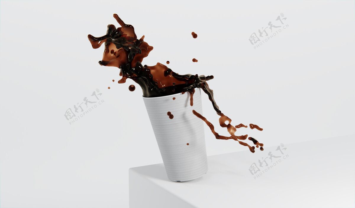 三维渲染用咖啡喷溅纸组成咖啡杯飞溅咖啡因模型