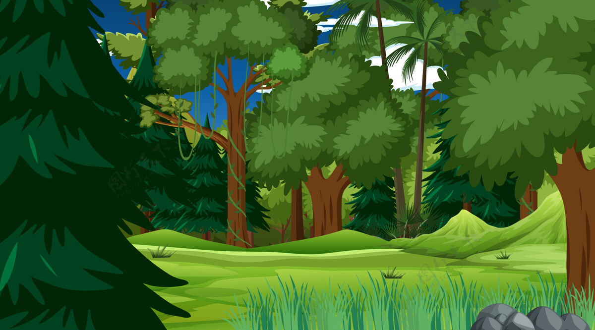 森林雨林或热带森林在白天的场景生态乡村卡通